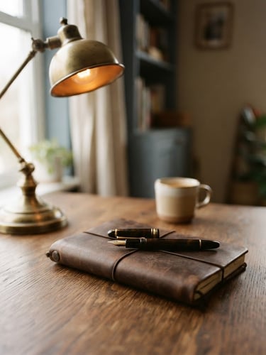 Warm editorial photography of a clean, structured workspace with a leather notebook, fountain pen, and brass desk lamp on a warm oak table, soft natural window light, shallow depth of field, 35mm
