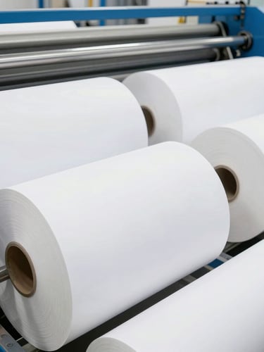 Wide-angle industrial paper manufacturing mill, massive rolls of white paper on automated steel rollers, bright clean daylight, professional B2B trade photography