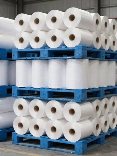 A vertical portrait of neatly stacked pallets of high-grade paper rolls inside a modern, clean B2B warehouse, bright neutral daylight, crisp blue and white tones.