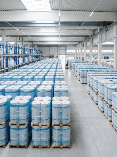 Wide-angle industrial shot of neatly stacked pallets of paper rolls in a bright, clean warehouse under neutral daylight.