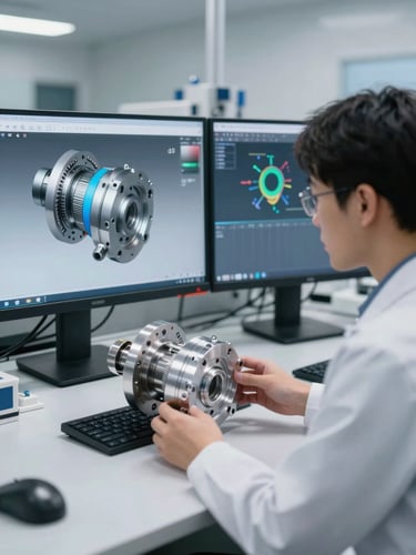 Professional mechanical engineers in a clean, modern R&D lab analyzing a physical machined aluminum component alongside a high-fidelity 3D CAD model on a dual-monitor workstation.