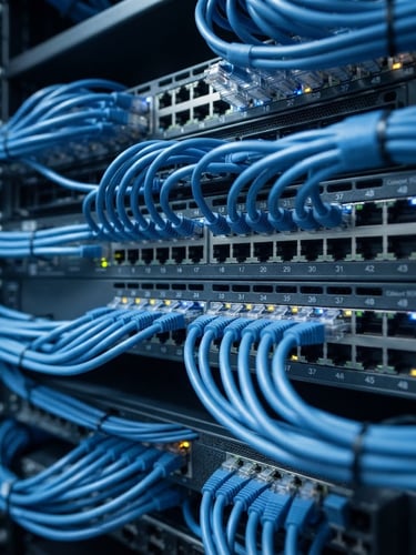 Macro shot of a high-density network switch with clean blue ethernet cabling, cool-toned studio lighting, sharp focus on ports