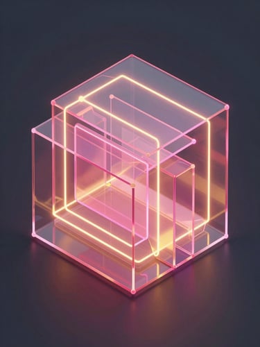 Abstract 3D render of layered glowing glassmorphic architectural plates, neon pink and yellow light paths connecting nodes, deep graphite background, octane render