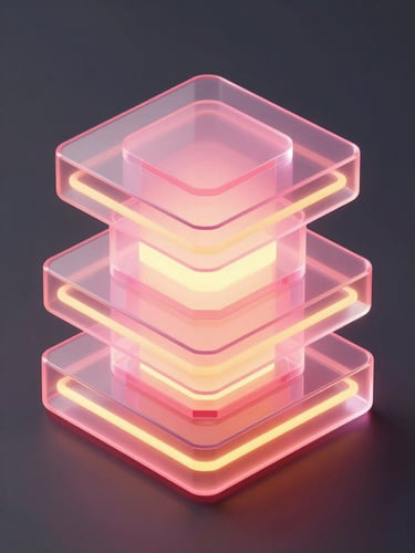Abstract 3D render of layered glowing glassmorphic architectural structures, neon pink and electric yellow backlighting, deep graphite background, isometric view, octane render