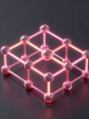 Abstract 3D render of interconnected data nodes, glowing neon pink and yellow light, deep graphite background, glassmorphism, isometric architectural visualization, octane render