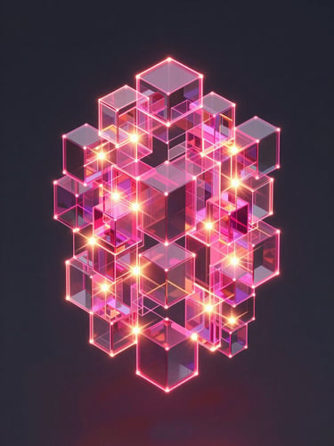 abstract 3d render of glowing neon pink and yellow data nodes, deep graphite background, glassmorphism, isometric architectural visualization, octane render