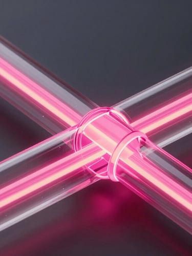 Close-up of glowing neon pink data stream flowing through a translucent glass tube, dark graphite background, high contrast, isometric architectural visualization