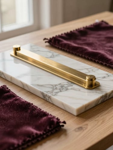 Close-up of rich interior design materials, marble sample with deep veining, brushed brass fixtures, and plum velvet textile swatches on a light oak table, soft natural light