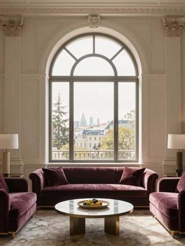 Straight-on architectural elevation of a Baku neo-classic living room, warm natural afternoon light pouring through arched windows, rich velvet seating, marble details, architectural 35mm.