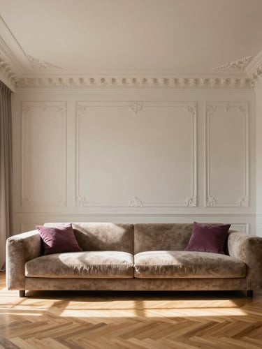 Straight-on architectural shot of a sun-drenched Baku living room, soaring ceilings with delicate neo-classic plaster moldings, a low-slung modern mohair sofa in taupe, soft afternoon window light casting long shadows across herringbone oak floors, 35mm photography.