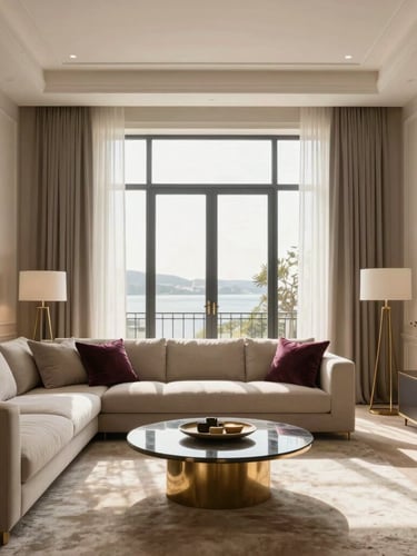 Straight-on architectural elevation of a sun-drenched modern neo-classic living room in Baku, soft afternoon window light, warm ivory and taupe textiles, elegant brass details
