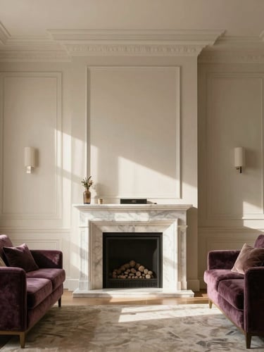 Straight-on architectural elevation of a sun-drenched Baku living room, soft warm afternoon window light pouring over a marble fireplace and plum velvet armchairs, editorial 35mm
