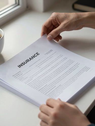 Close-up of hands turning pages of a multi-page insurance contract on a light-toned desk, a cup of coffee partially visible to the side, soft window light from the left casting gentle shadows across the documents