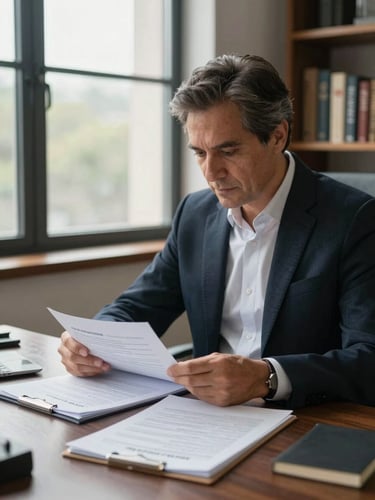 Medium shot of a mature professional at a dark wood desk near a large window, soft north-facing daylight, reviewing open insurance documents and a pen resting on paper, home office setting with bookshelves softly out of focus in the background