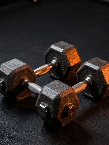 High-contrast athletic photography of heavy steel dumbbells on a dark rubber floor, sharp orange lighting highlights, dramatic shadows, 35mm lens