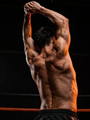 Dynamic close-up of an athlete's back showing precise muscle alignment during a controlled stretch, high-contrast athletic photography, dramatic studio lighting, sharp orange highlights, 35mm lens