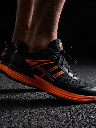 Dynamic close-up of running shoe striking asphalt, high-contrast athletic photography, dramatic studio lighting, deep blacks and sharp orange highlights, 35mm lens