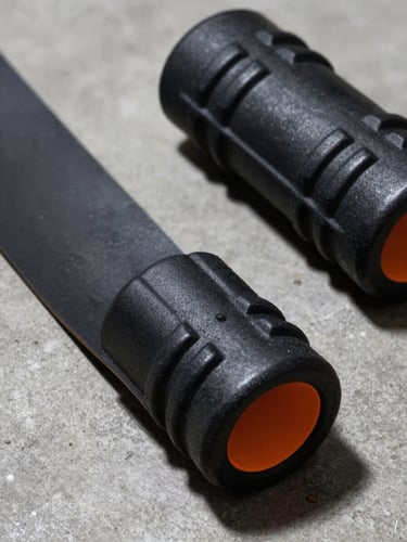 Extreme close-up of athletic resistance bands and a foam roller on a clean concrete floor, stark studio lighting, sharp orange accents, minimalist composition