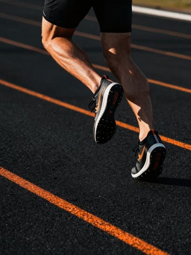 Dynamic close-up of an athlete's legs sprinting on a dark track, sharp orange track lines, high-contrast dramatic morning light, 35mm lens