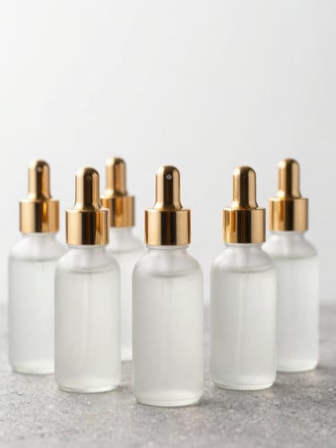 Pristine cosmetic glass bottles with golden pumps arranged architecturally on a stone surface, soft diffused studio lighting, sharp focus, 50mm lens