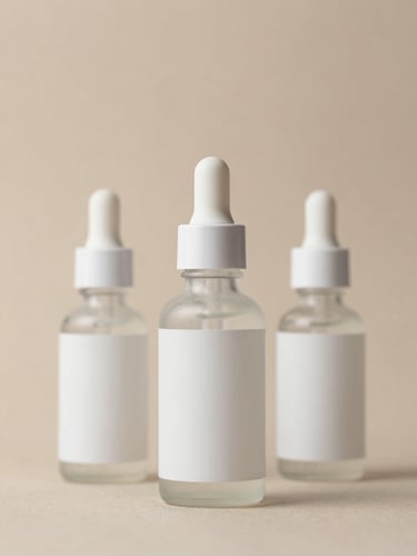 Architectural composition of premium cosmetic glass dropper bottles, soft studio light, warm sand tones, sharp focus