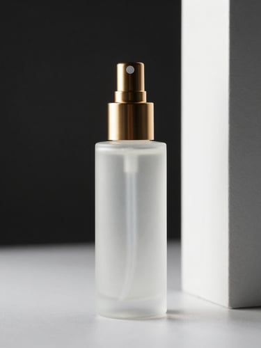 Pristine minimalist cosmetic glass bottle with gold pump, soft diffused studio light, high contrast black and white background, sharp macro focus, architectural composition.