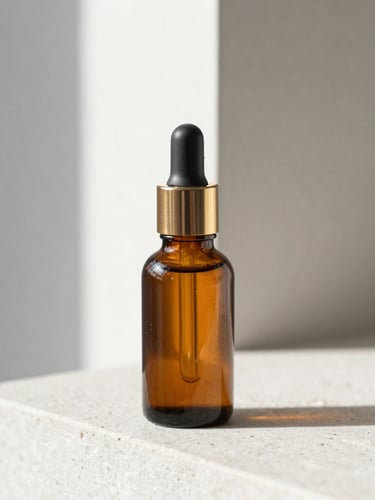 Macro close-up of a premium amber glass cosmetic bottle with a gold pump cap, sitting on a clean stone ledge under soft morning light, minimalist architectural background