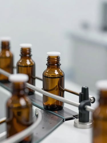Close-up of clean cosmetic manufacturing line, amber glass bottles moving on a precise conveyor belt, sterile environment, soft lighting