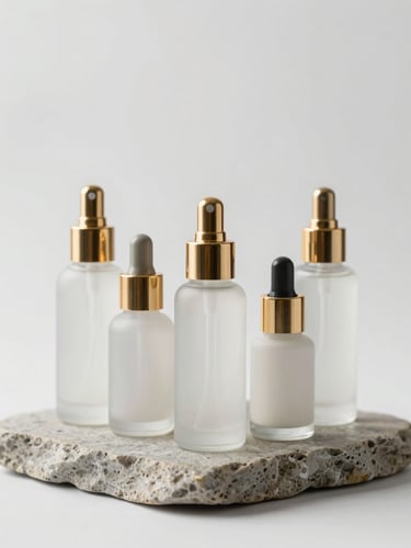 Pristine cosmetic glass bottles with gold pumps arranged architecturally on a stone slab, soft diffused studio light, sharp macro focus, 50mm lens