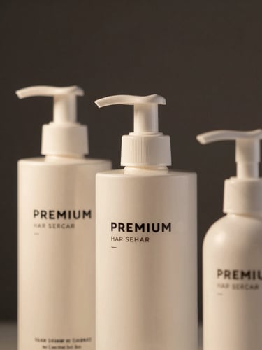 Premium professional hair care product bottles in a minimalist setting, dark elegant background with soft gold lighting highlights, editorial product photography