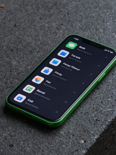High-fidelity 3D mockup of a modern Android phone displaying a dark-themed file manager with vibrant green accent borders, placed on a dark textured concrete surface under soft side lighting.