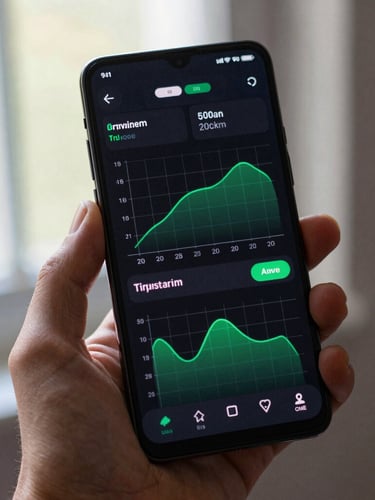Tight close-up of a hand holding a high-end Android phone, displaying a dark-mode system dashboard with sharp green gridlines and minimalist charts, natural window light.