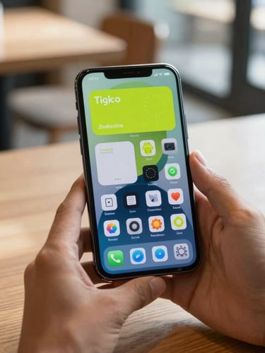 Tight close-up of hands holding a modern Android phone in a bright coffee shop, showing a highly detailed, cyber-lime system widget on the screen, natural daylight casting soft shadows across the table.