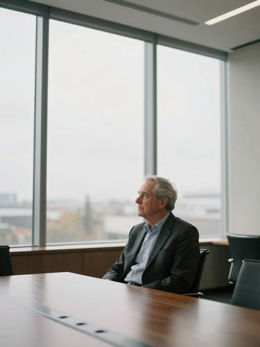 Quiet environmental portrait of an older business leader in a modern, naturally lit boardroom, looking thoughtfully out of a large window