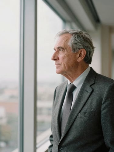 A quiet portrait of an elder business leader looking thoughtfully out a window, soft natural overcast light, desaturated earth tones, medium format film aesthetic.