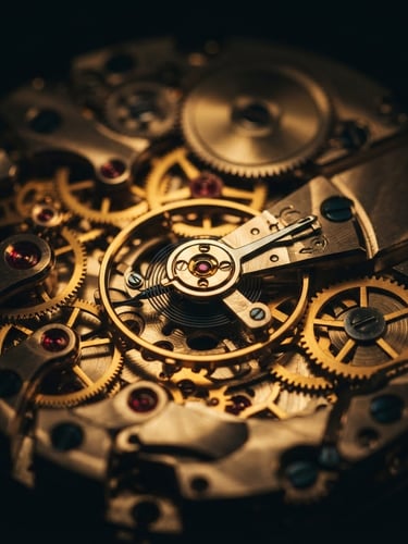 Extreme macro shot of mechanical watch gears under a warm spotlight, deep obsidian background, high contrast metallic reflections, professional luxury product photography