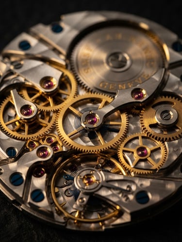 Macro shot of a luxury watch movement, warm side-lit reflections on gold gears, dark obsidian background, luxury product photography