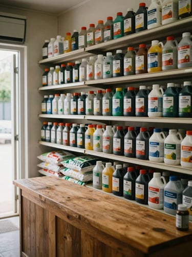 Interior shelves of a small agricultural supply shop, rows of labelled pesticide and fertilizer bottles neatly arranged, natural daylight from a doorway on the left, a wooden counter in the foreground with a few product sacks stacked behind it