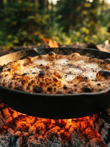 Macro detail shot of a bubbling sourdough pizza crust baking inside a cast-iron skillet over glowing embers, golden-hour light, 35mm