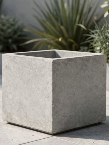 Crisp architectural photography of a minimalist textured concrete planter on a modern patio, sharp morning shadows, desaturated green foliage, 35mm lens.