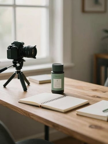 A meticulously organized home office with natural window light illuminating a wooden desk, featuring a camera on a tripod, a notebook, and a product being examined. Muted earth tones, sage accents, shallow depth of field, 35mm film style.