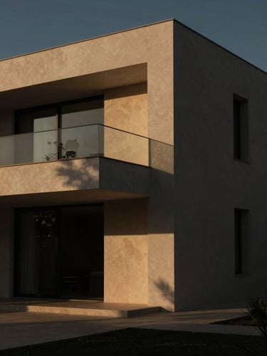 Low-key dramatic cinematic lighting on a modern minimalist architectural villa facade in Ibiza, deep shadows, warm golden hour tones, 35mm anamorphic.