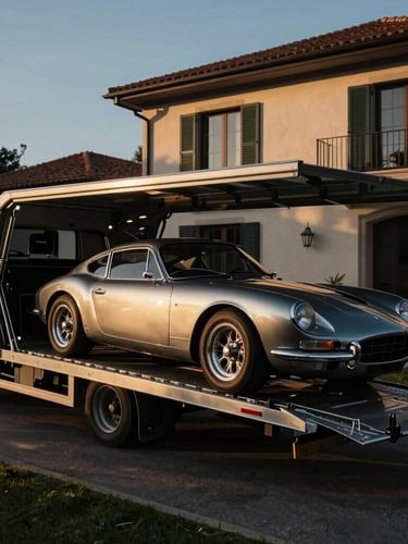 Wide-angle dramatic shot of a vintage sports car being unloaded from a transport carrier at a private villa, golden hour lighting, deep shadows