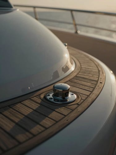 Tight macro shot of a luxury yacht's polished teak deck and chrome hardware, soft diffused golden hour light, deep shadows, elegant composition.
