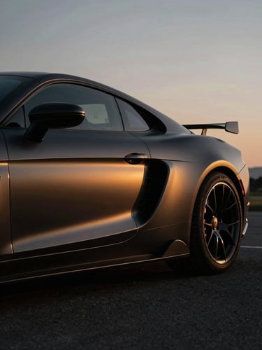 Low-angle profile of a pristine matte black luxury sports car, dramatic low-key lighting, golden hour reflections on metallic contours, 35mm anamorphic.