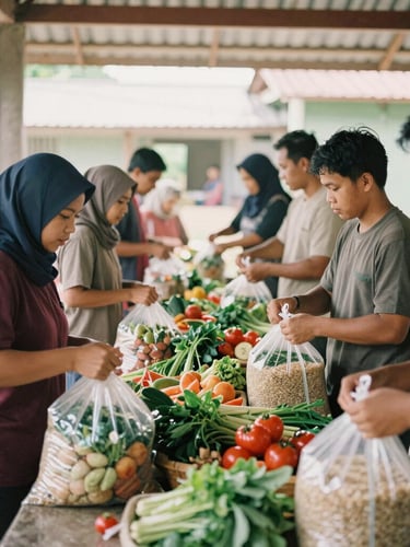 Candid photo of volunteers packing bags of fresh vegetables and rice in a bright, open community hall in Seremban, warm natural daylight, authentic 35mm film look.