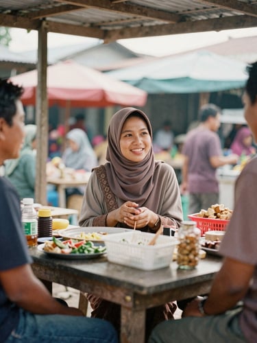 A candidate talking warmly with local market traders at outdoor wooden stalls in Negeri Sembilan, soft morning light, authentic interaction, 35mm film look.