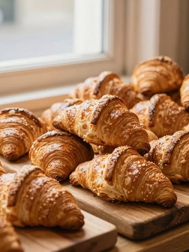 Warm editorial food photography of a bustling market stall with freshly baked golden croissants stacked on rustic wooden boards, soft morning window light, 35mm