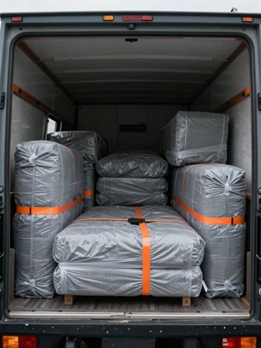 Wide interior of a moving truck mid-load, furniture wrapped in grey moving blankets and secured with orange ratchet straps, even overcast daylight through rear doors, organized cargo filling the frame edge to edge