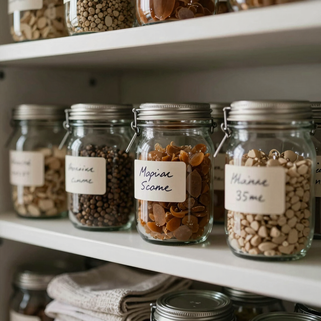 Close-up detail of a beautifully organized pantry shelf, glass jars with hand-written labels, textured linen towels, soft natural side lighting, shallow depth of field, 35mm.